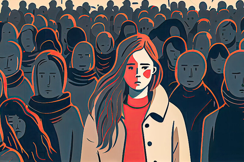 traurige Frau inmitten von vielen Menschen (Illustration)