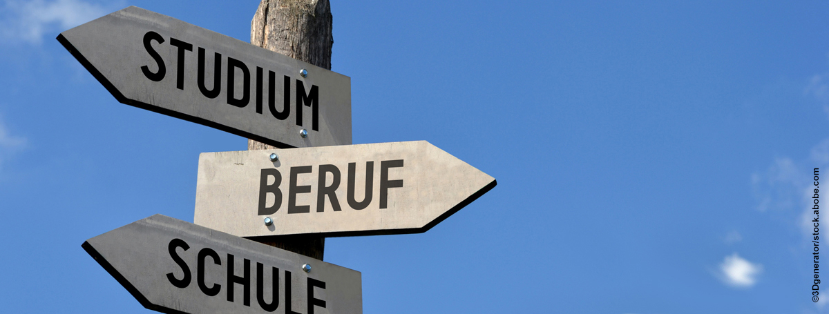 Wegweiser mit 3 Hinweisschildern: Studium, Beruf, Schule. Im Hintergrund ein blauer Himmel.